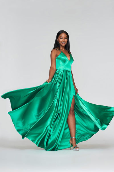 Faviana - Lace Up Back Satin High Slit Dress S10209 In Green