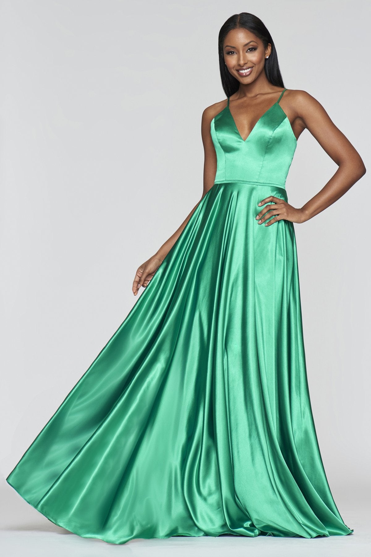 Faviana - Lace Up Back Satin High Slit Dress S10209 In Green