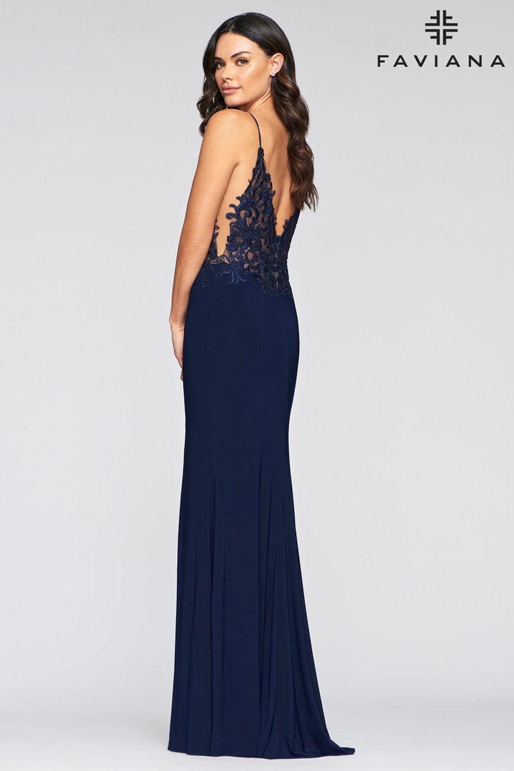 Faviana - Applique Deep V-neck Jersey Fitted Dress S10275 In Blue