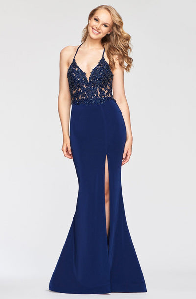 Faviana - S10476 Sleeveless V Neck Appliqued Bodice Mermaid Gown In Blue