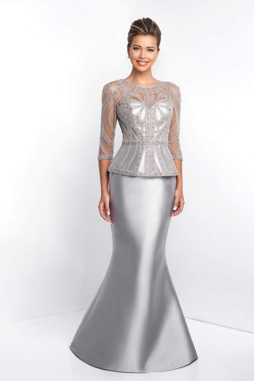 Blush - S2000 Quarter-Length Sleeves Mikado Mermaid Gown In Gray
