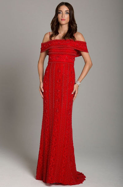 Lara Dresses - 29850 Bedazzled Off-Shoulder Sheath Dress With Train In Red