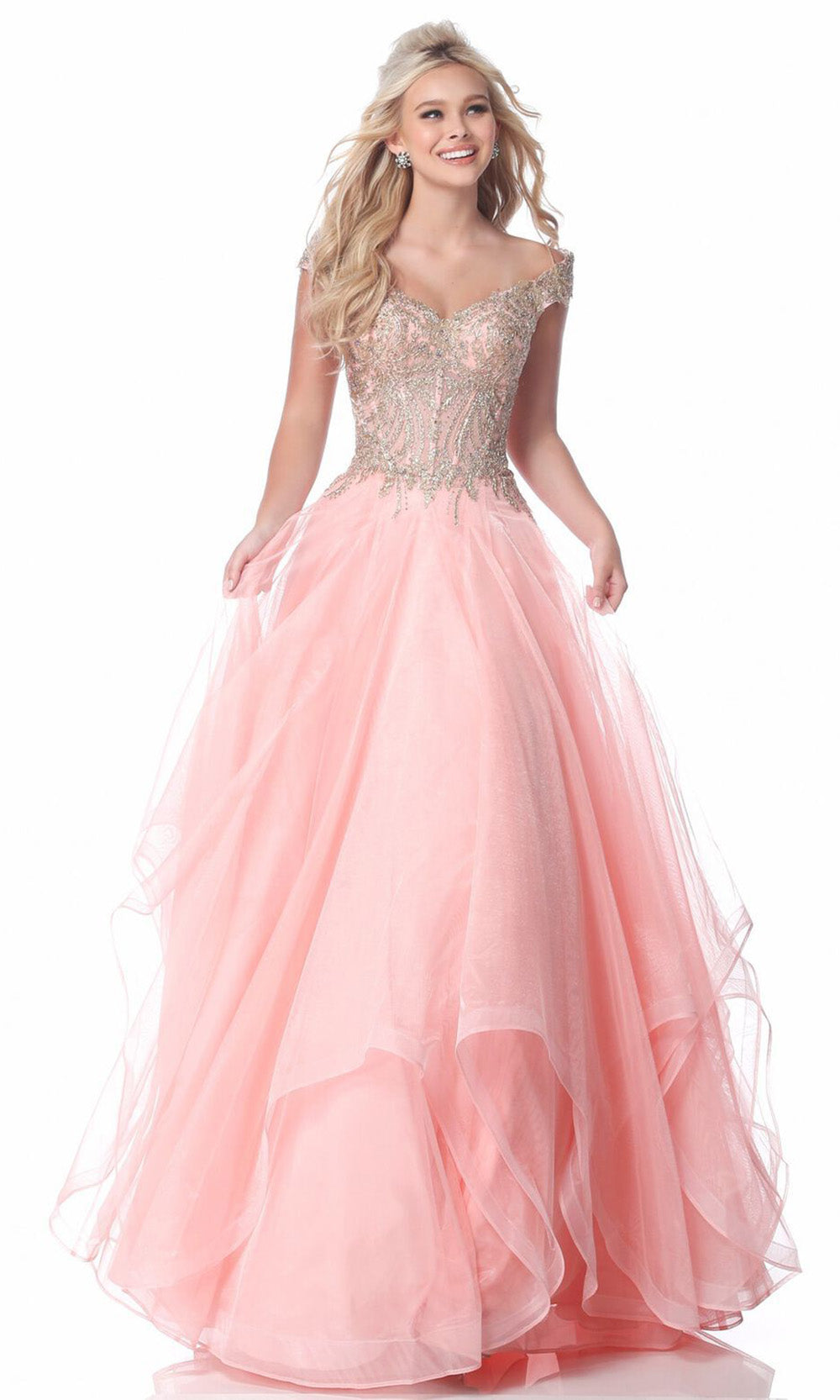Sherri Hill - 51614SC Metallic Lace Off Shoulder Layered Evening Gown In Pink and Gold