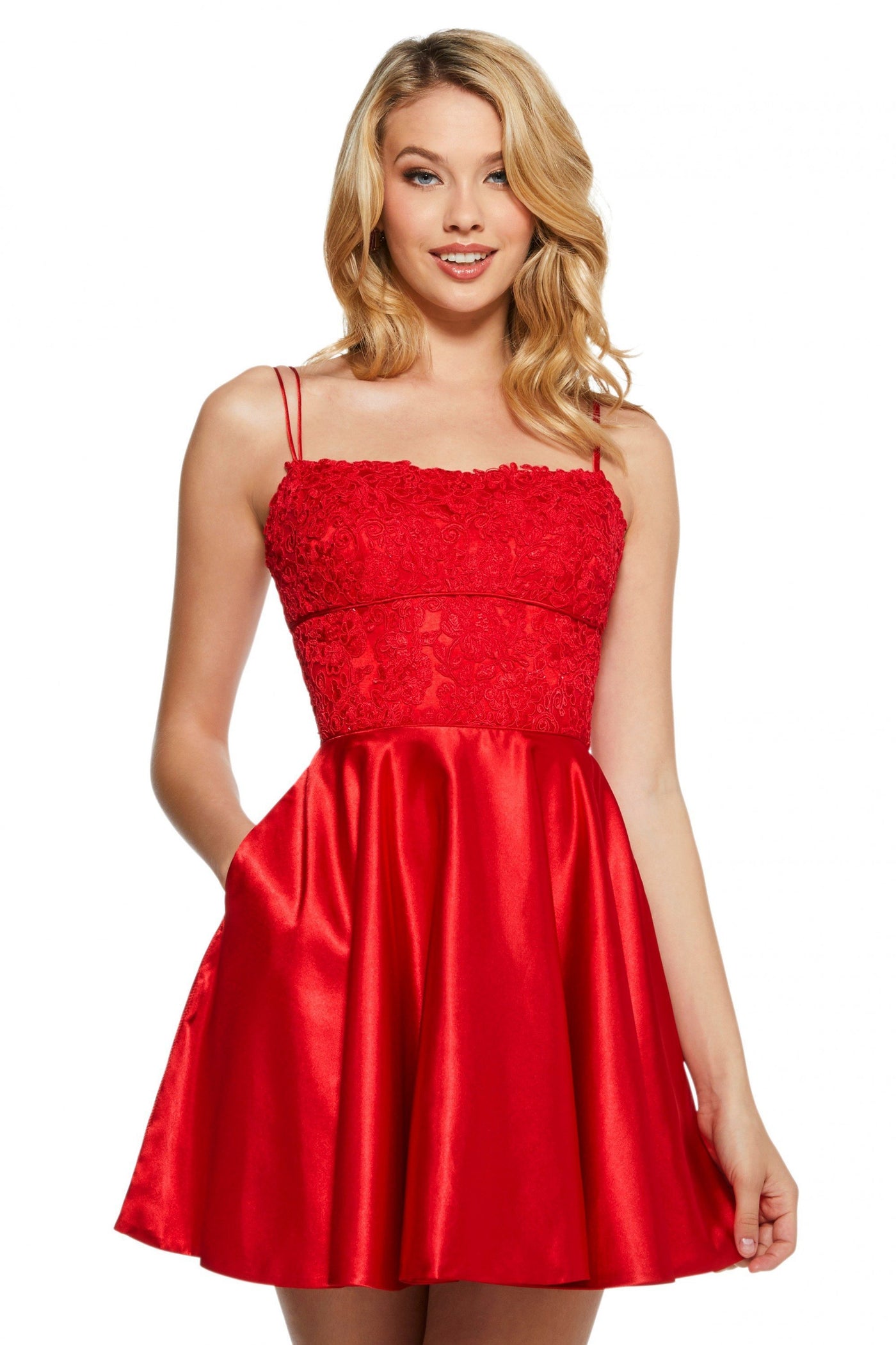 Sherri Hill - 53258SC Lace Appliqued A-Line Cocktail Dress In Red