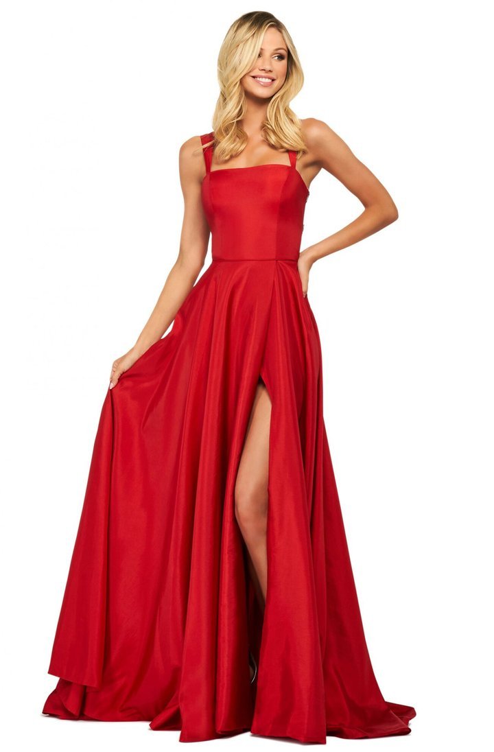 Sherri Hill - Taffeta Long Evening Dress with Slit 53561SC In Red