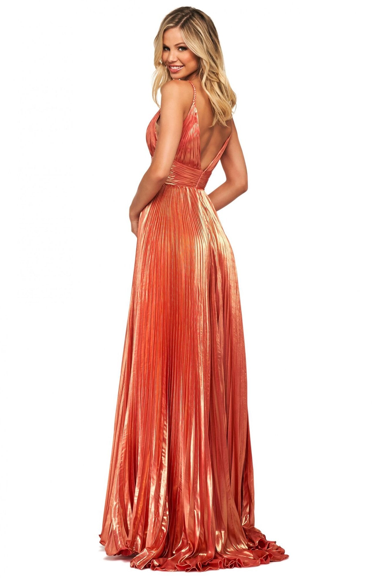 Sherri Hill - Ruched Plunging V-Neck A-Line Gown In Orange