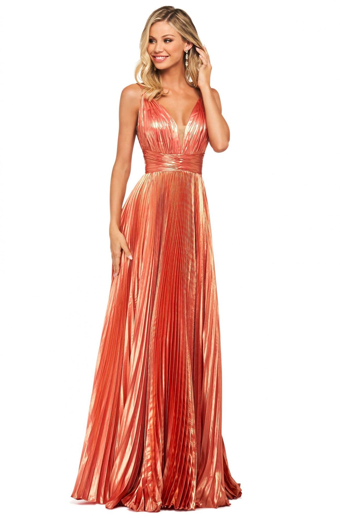 Sherri Hill - Ruched Plunging V-Neck A-Line Gown In Orange