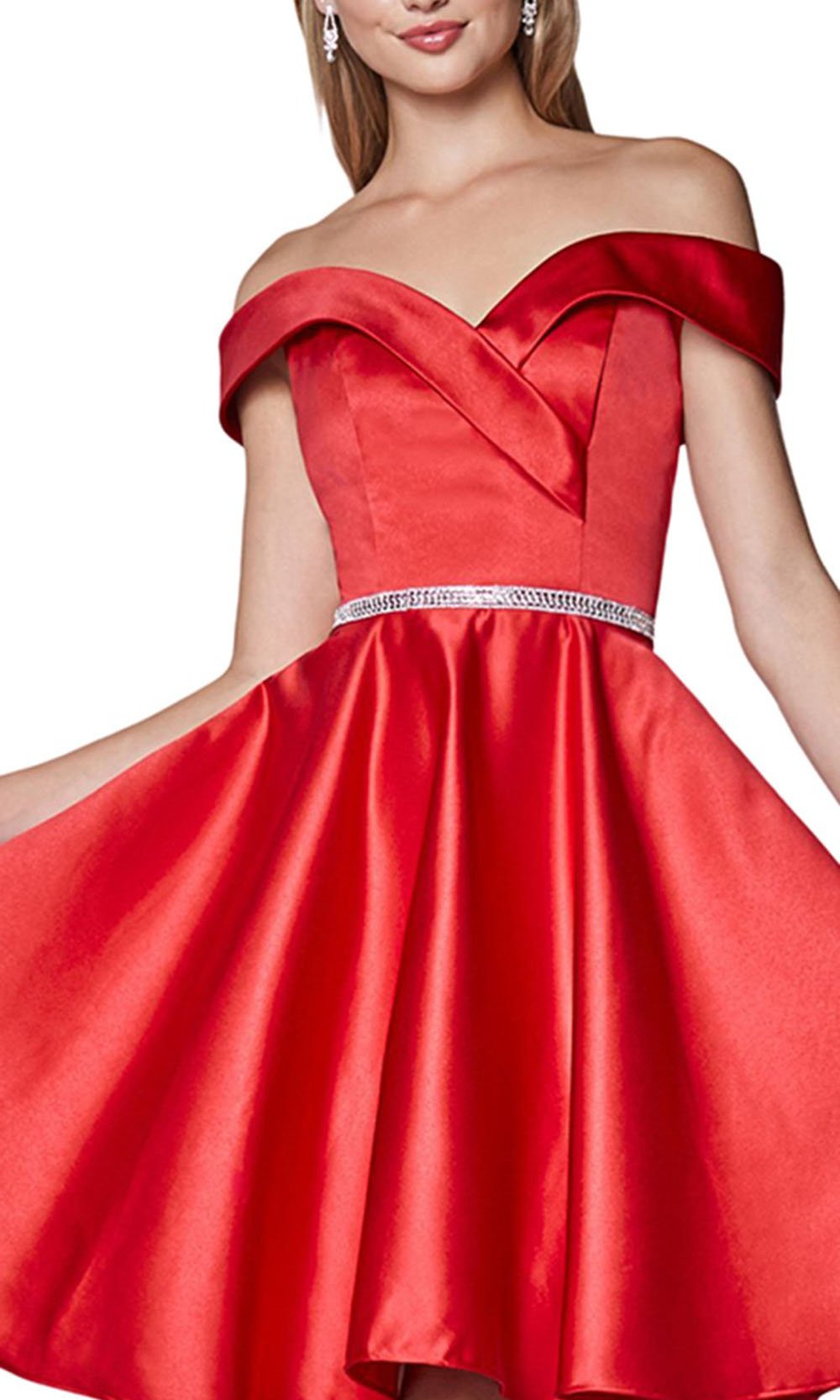 Cinderella Divine - Off-Shoulder Satin Finish A-Line Cocktail Dress CD0140SC In Red