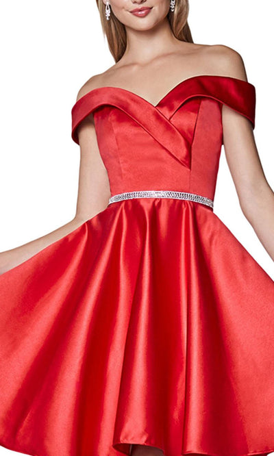 Cinderella Divine - Off-Shoulder Satin Finish A-Line Cocktail Dress CD0140SC In Red