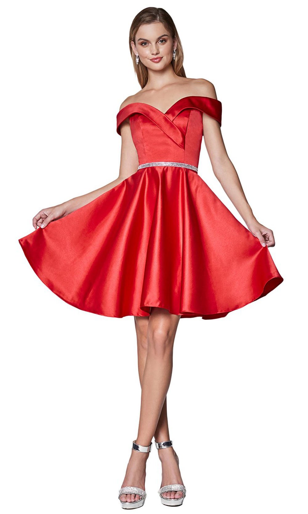 Cinderella Divine - Off-Shoulder Satin Finish A-Line Cocktail Dress CD0140SC In Red