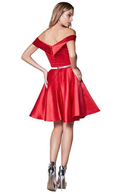 Cinderella Divine - Off-Shoulder Satin Finish A-Line Cocktail Dress CD0140SC In Red