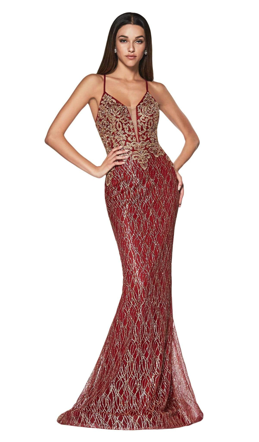 Cinderella Divine - ML934 Glitter Lace Deep V-neck Mermaid Dress Evening Dresses XS / Burgundy
