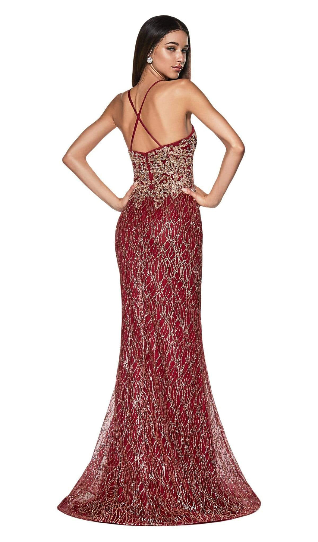 Cinderella Divine - ML934 Glitter Lace Deep V-neck Mermaid Dress In Red
