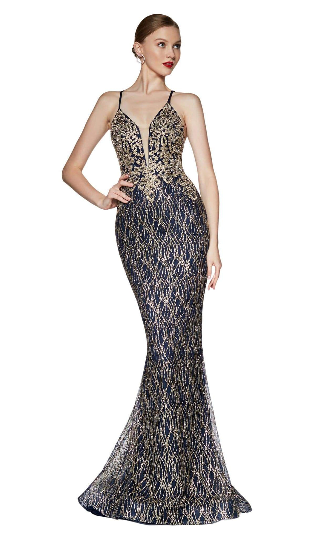 Cinderella Divine - ML934 Glitter Lace Deep V-neck Mermaid Dress Evening Dresses XS / Navy