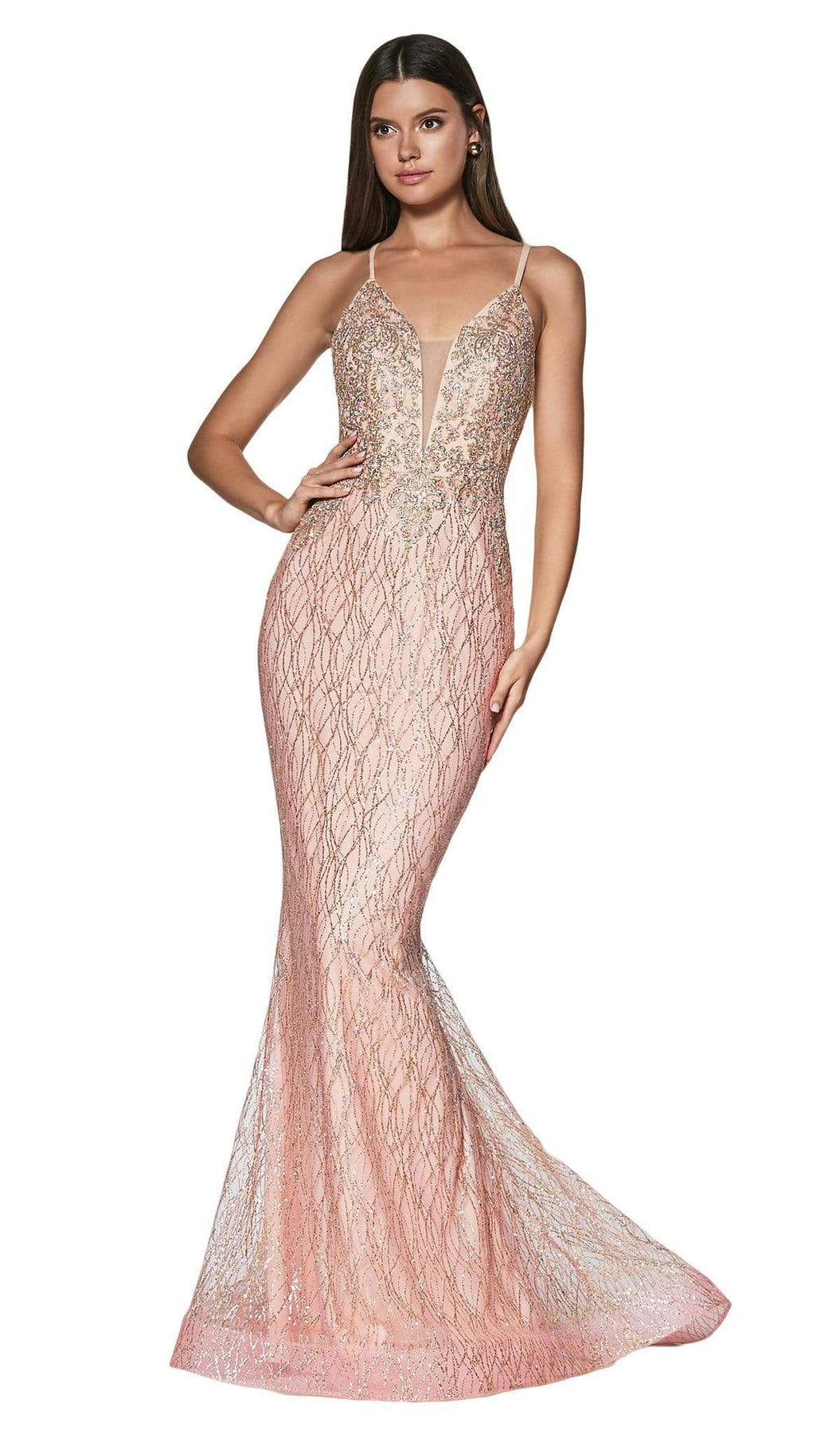 Cinderella Divine - ML934 Glitter Lace Deep V-neck Mermaid Dress Evening Dresses XS / Rose Gold