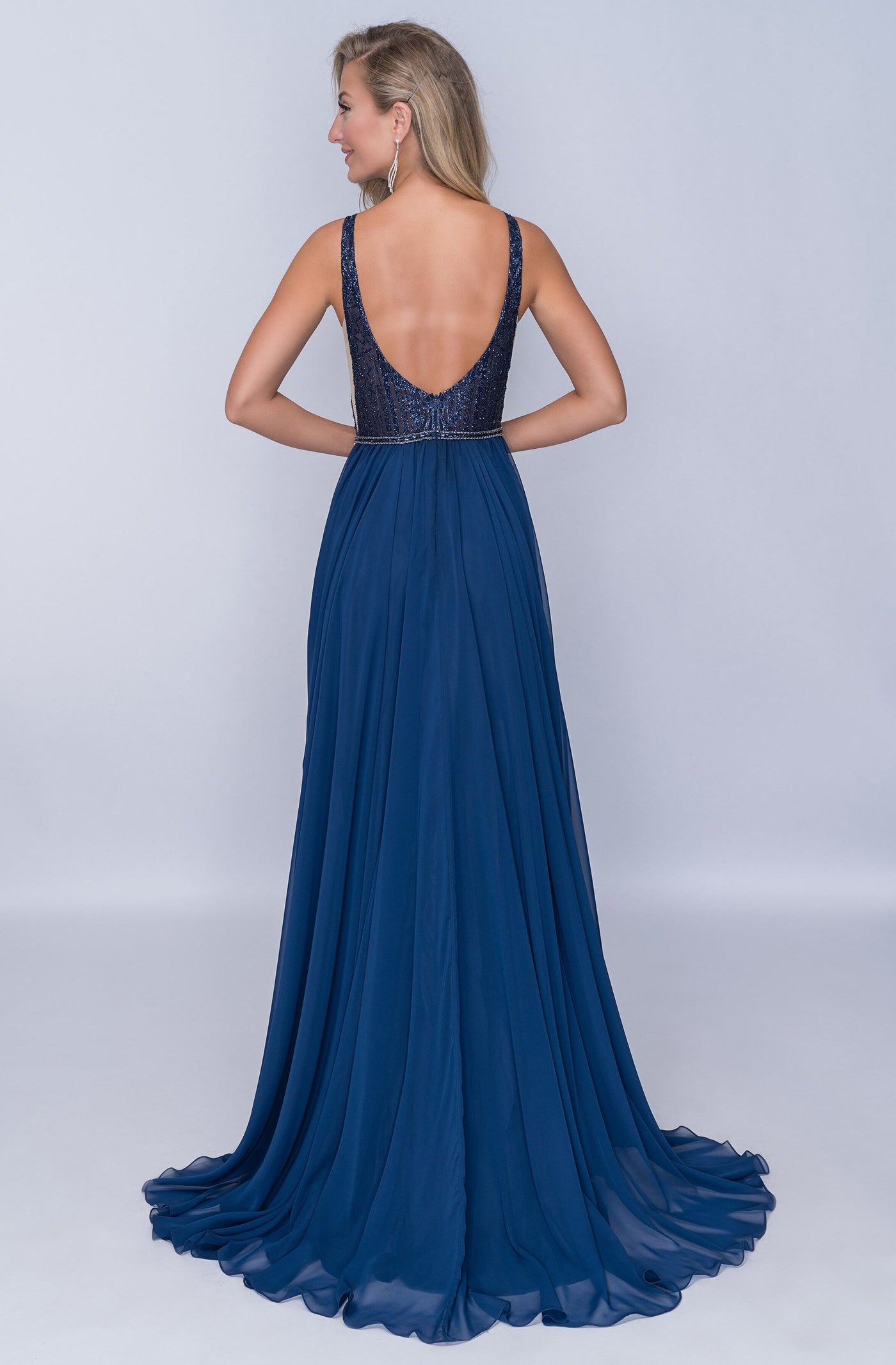 Nina Canacci - 8159 Embellished Plunging V Neck A-Line Gown In Blue