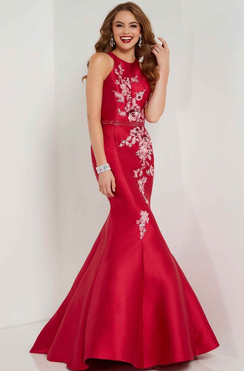 Studio 17 - 12687 Embellished Floral Lace Mikado Trumpet Dress In Red