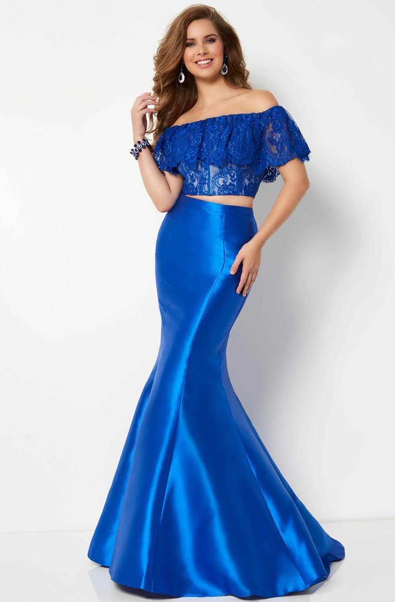 Studio 17 - 12690 Two Piece Lace Off-Shoulder Ruffle Mermaid Gown In Blue
