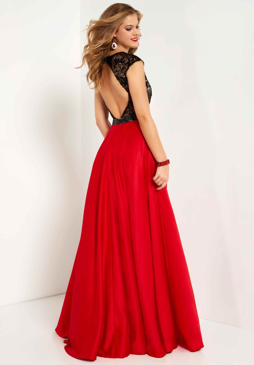 Studio 17 - 12699 Sequined Lace Illusion Bateau Satin A-line Gown In Black and Red