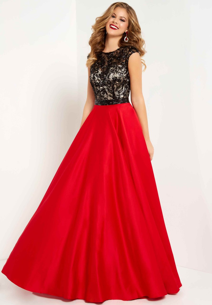 Studio 17 - 12699 Sequined Lace Illusion Bateau Satin A-line Gown In Black and Red