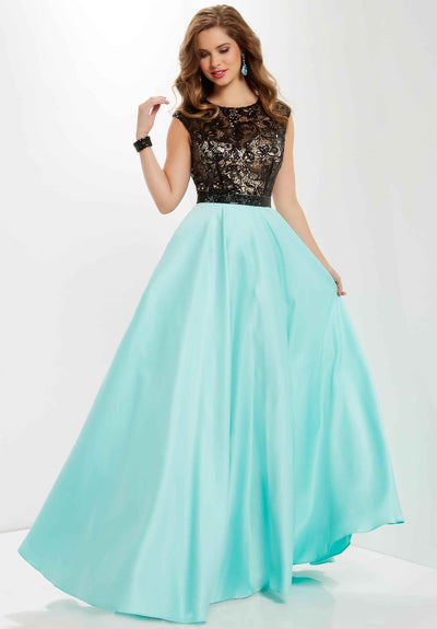 Studio 17 - 12699 Sequined Lace Illusion Bateau Satin A-line Gown In Black and Green
