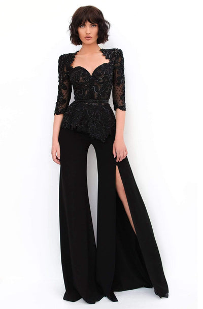 Tarik Ediz - 93950 Embroidered Sweetheart Pantsuit Evening Dresses 0 / Black
