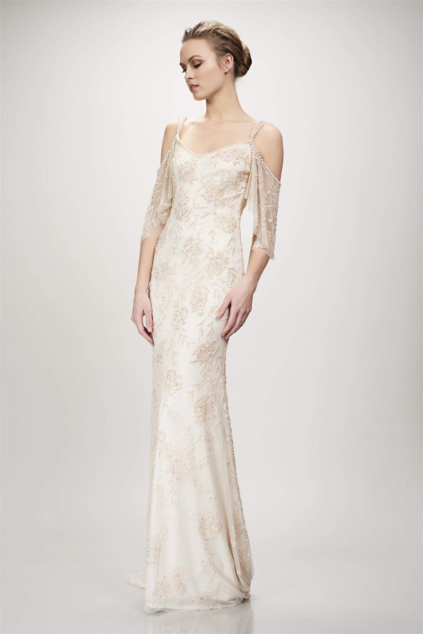 Theia - 890425 Draping Quarter Sleeve Beaded Long Sheath Gown In Ivory