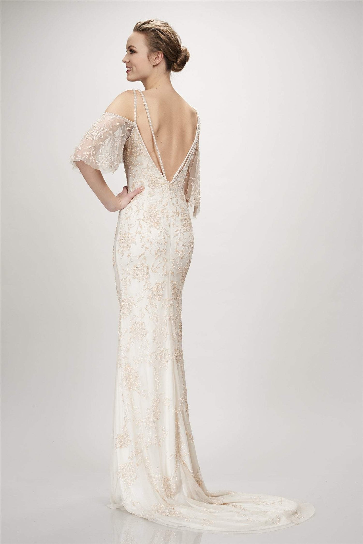 Theia - 890425 Draping Quarter Sleeve Beaded Long Sheath Gown In Ivory