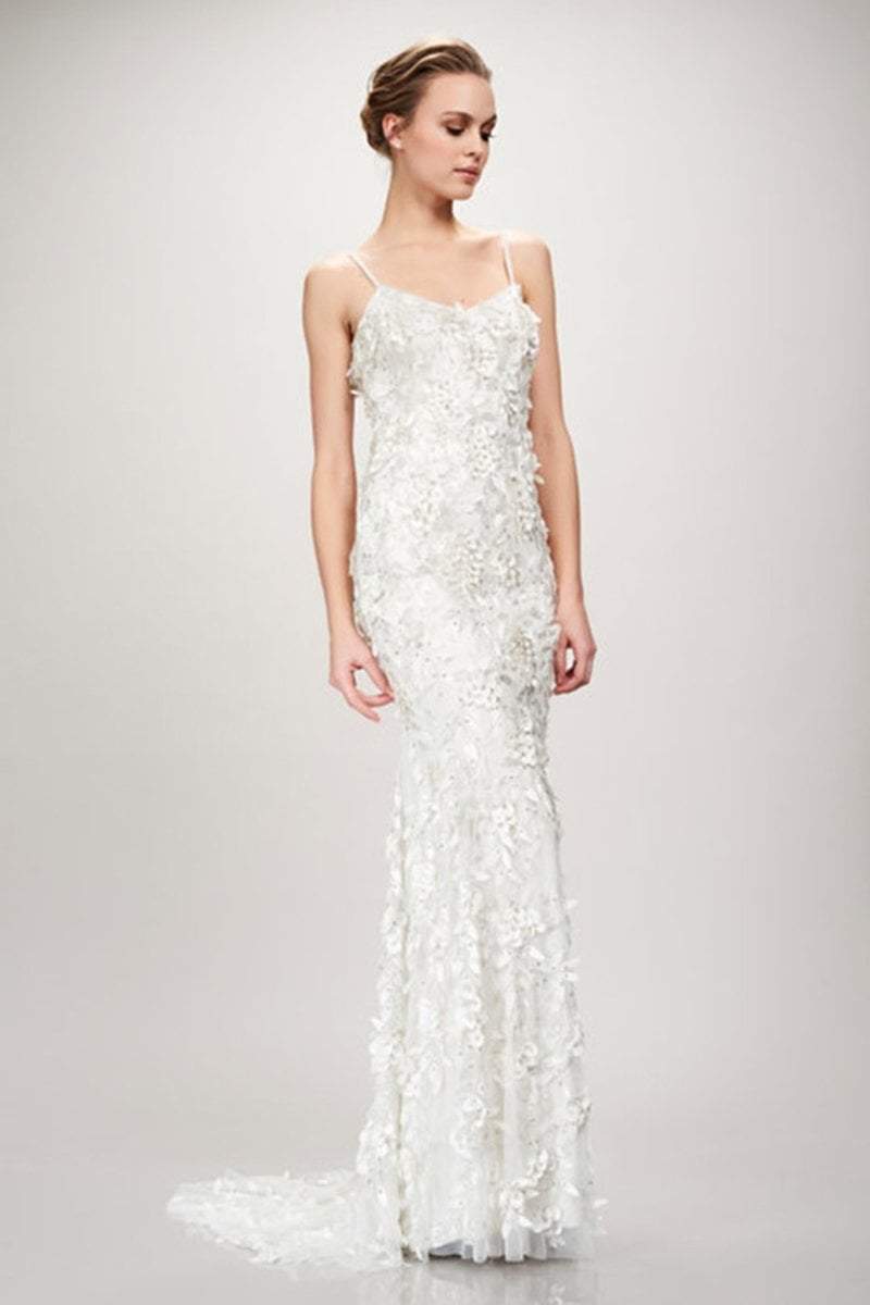 Theia - 890440 Petal Appliqued Long Sheath Gown In White