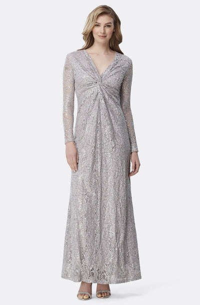 Tahari Asl - TLMU9KE769 Embellished Long Sleeve V-neck Sheath Dress In Gray