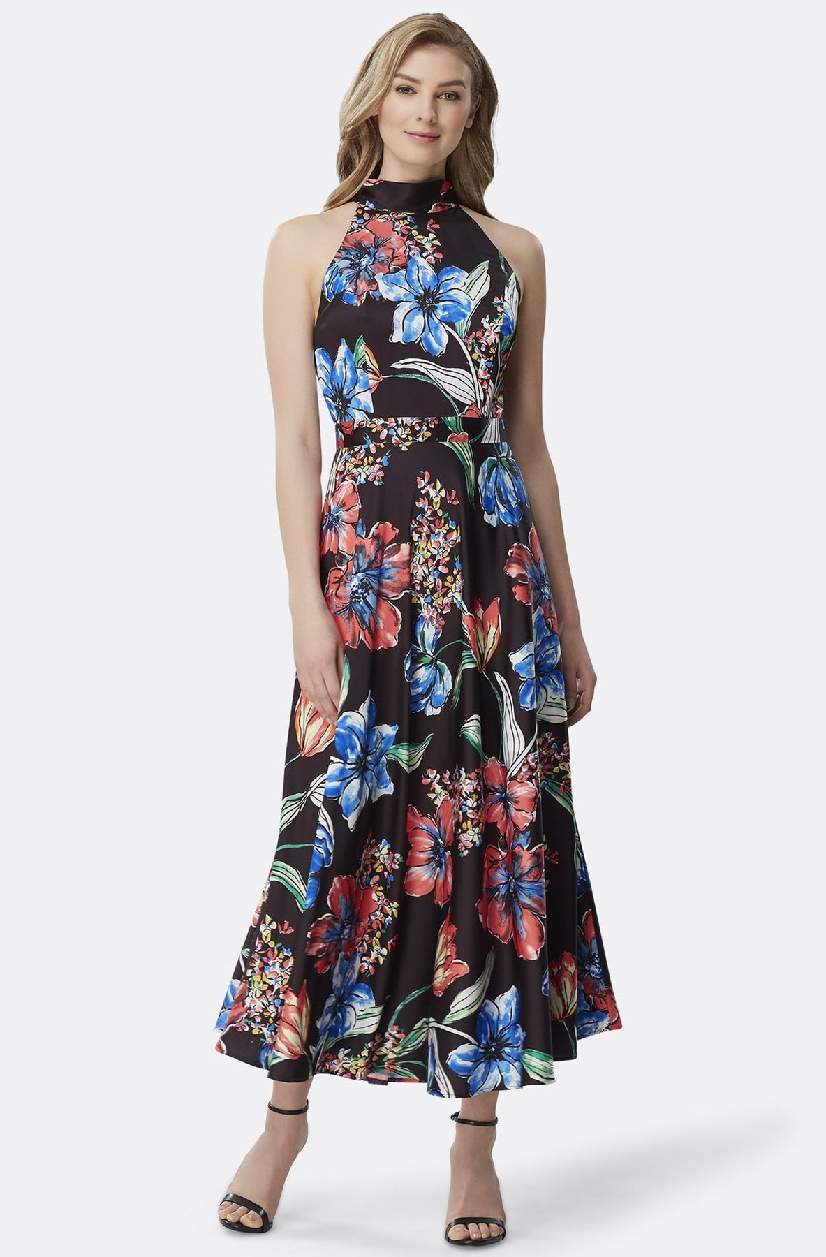 Tahari Asl - Halter Neck Floral Satin Flared Dress TLMU9WD624SC Tahari Asl - Halter Neck Floral Satin Flared Dress TLMU9WD624SC