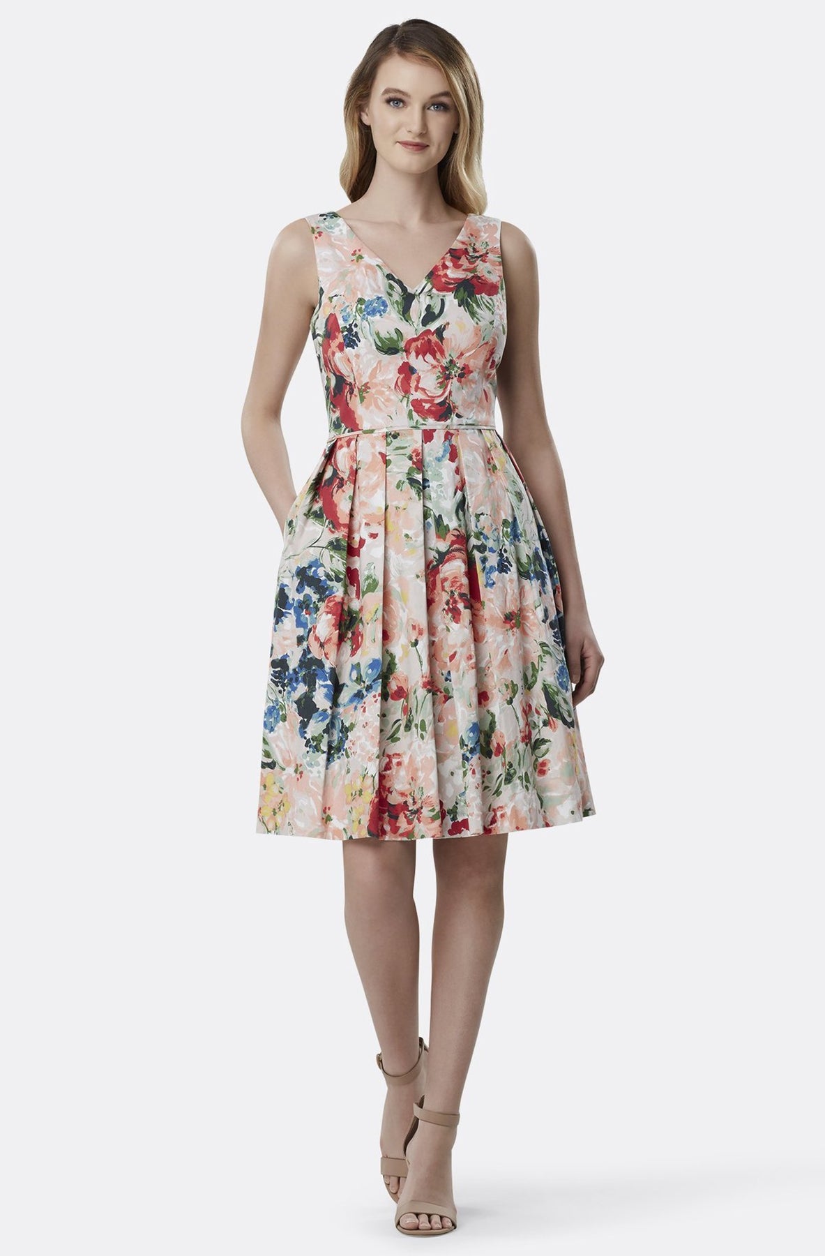 Tahari Asl - TLMU9WD645 Floral Print V-neck Pleated A-line Dress In Multi-Color