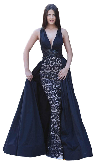 Tarik Ediz - 50434 Deep V-neck Lace Sheath Dress With Overskirt In Black