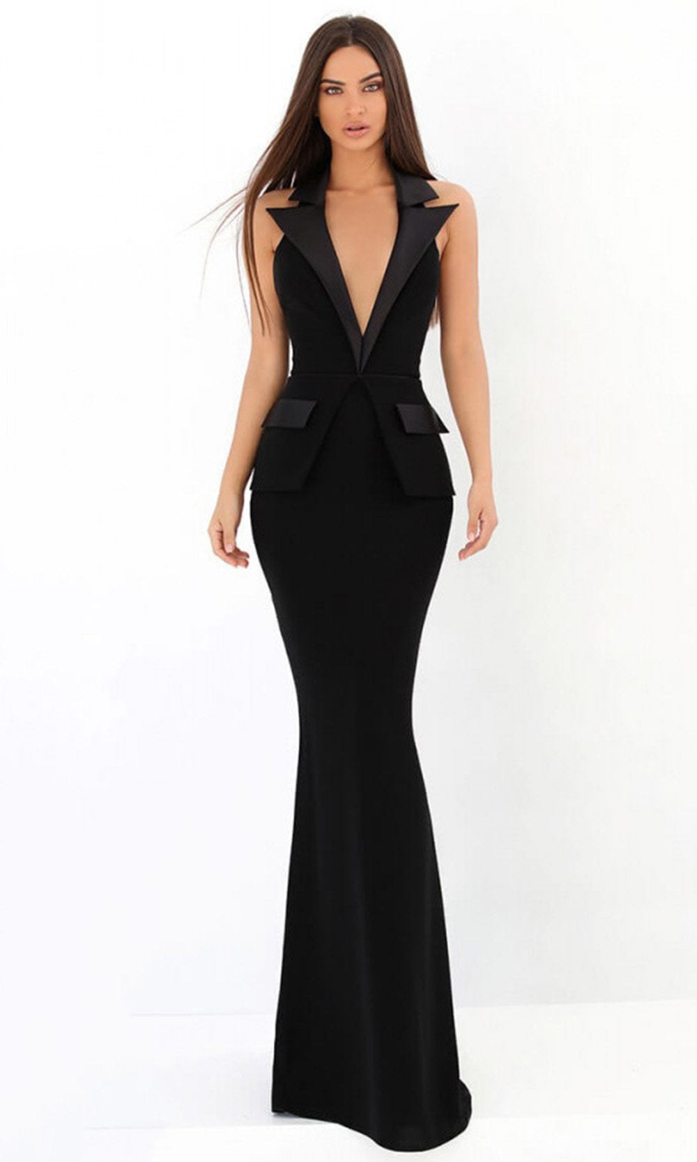 Tarik Ediz - Plunging V-Neck Trumpet Dress 93912 In Black