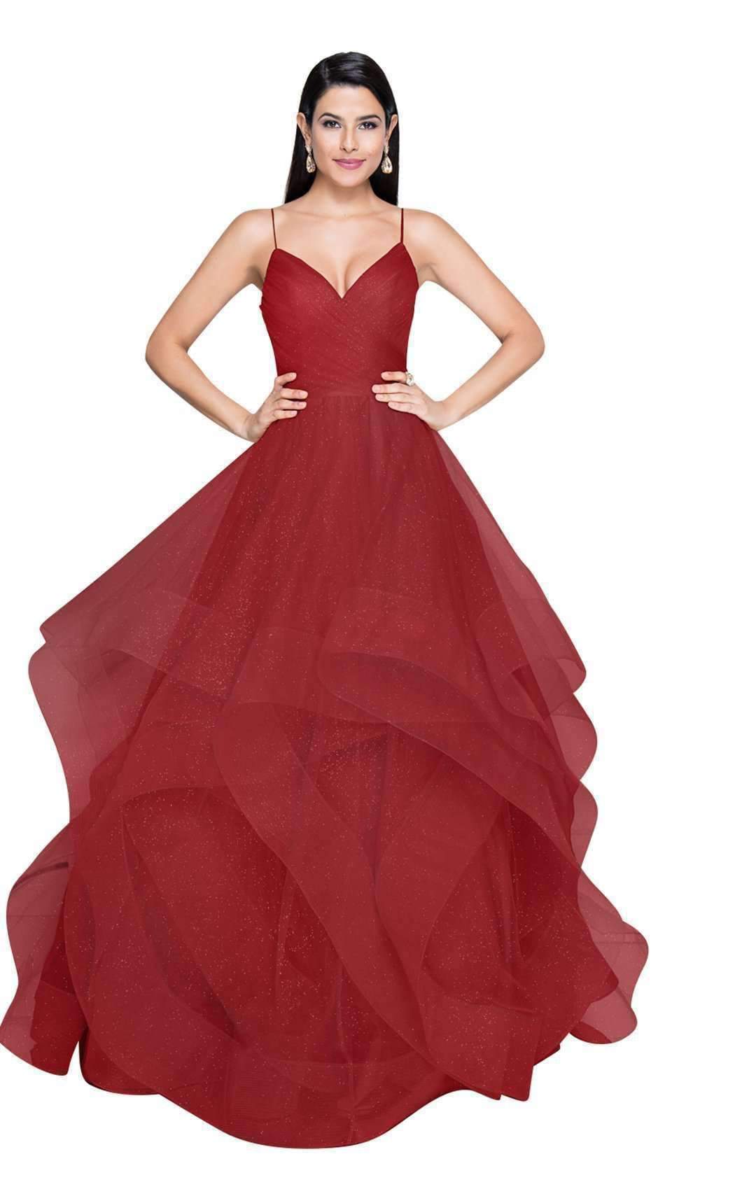 Terani Couture - 1811P5849 Sleeveless Glitter Tulle Ruffled Gown In Red