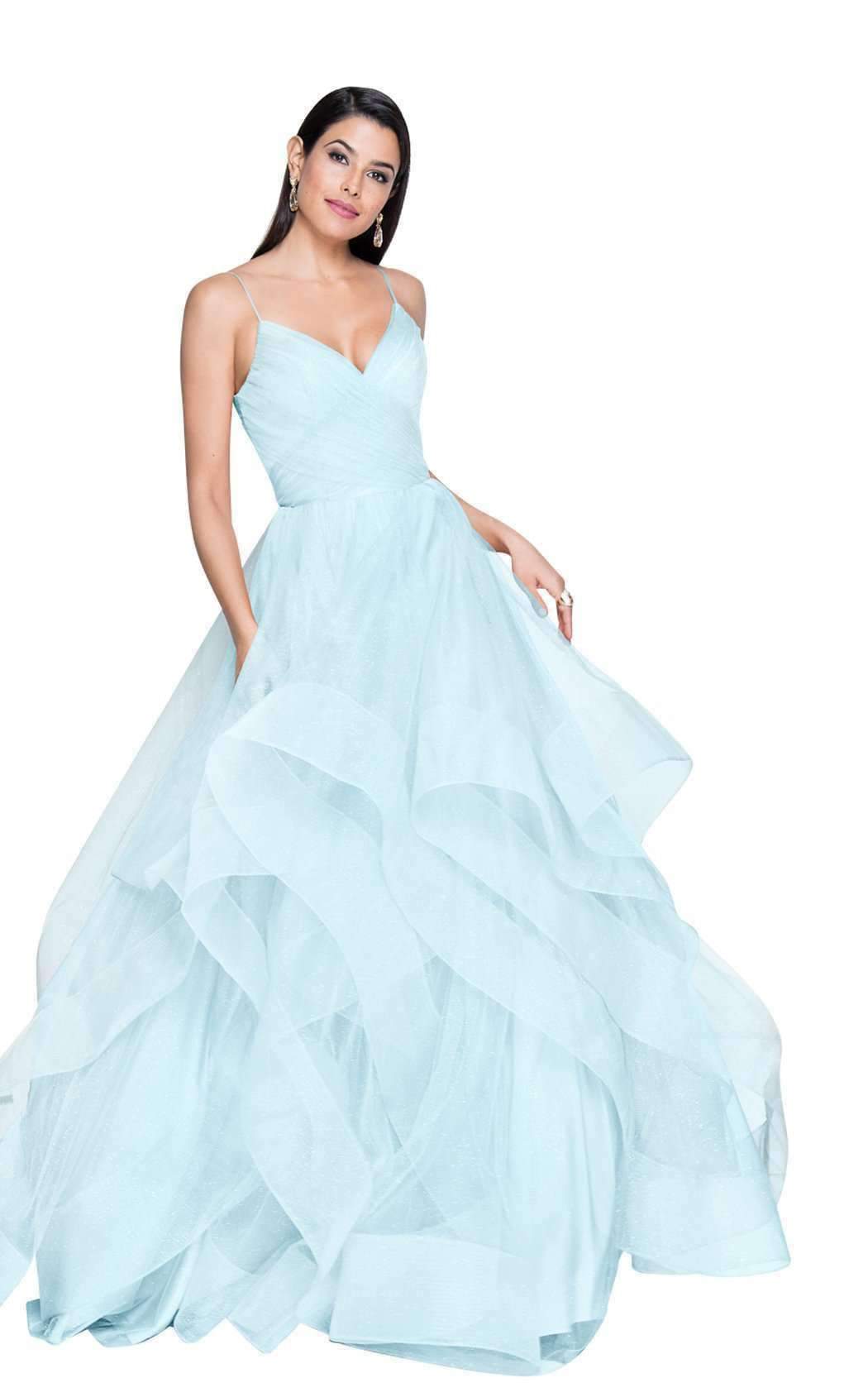 Terani Couture - 1811P5849 Sleeveless Glitter Tulle Ruffled Gown In Blue