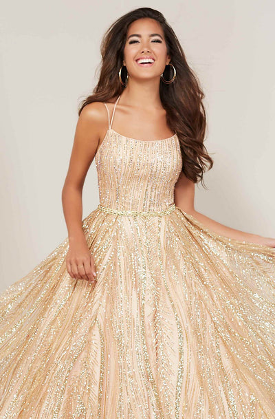 Tiffany Designs - 16372 Scoop Neck Glitter Tulle A-Line Gown In Gold