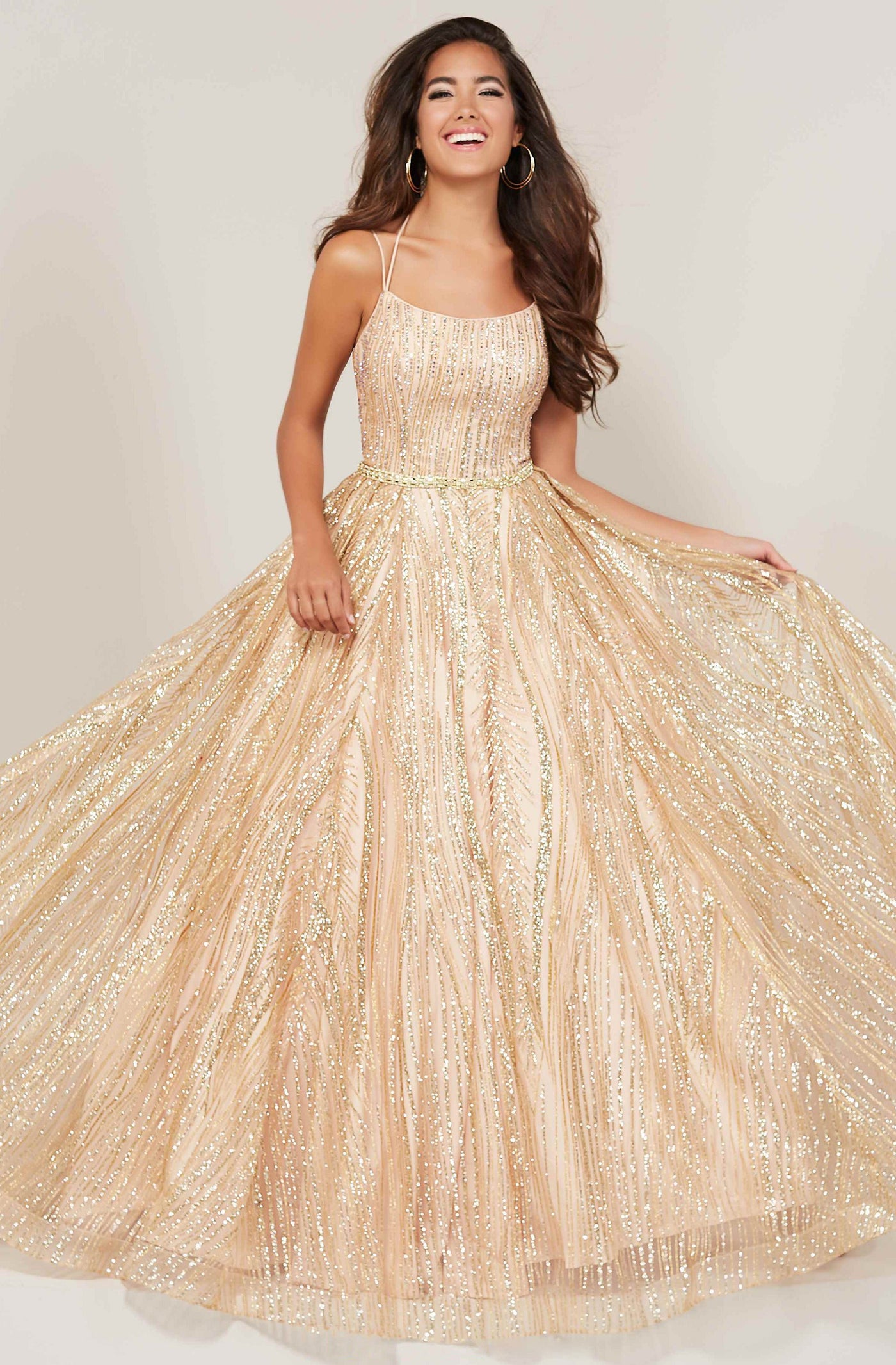Tiffany Designs - 16372 Scoop Neck Glitter Tulle A-Line Gown In Gold