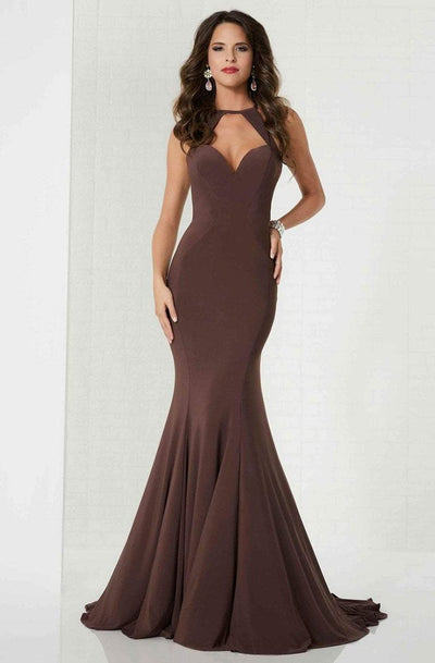 Tiffany Homecoming - 46114 Halter Jersey Trumpet Dress With Cutouts In Brown
