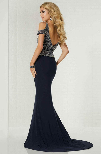 Tiffany Homecoming - 46116 Beaded Cold Shoulder Fitted Evening Gown In Blue and Gray