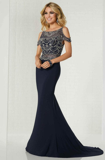Tiffany Homecoming - 46116 Beaded Cold Shoulder Fitted Evening Gown In Blue and Gray