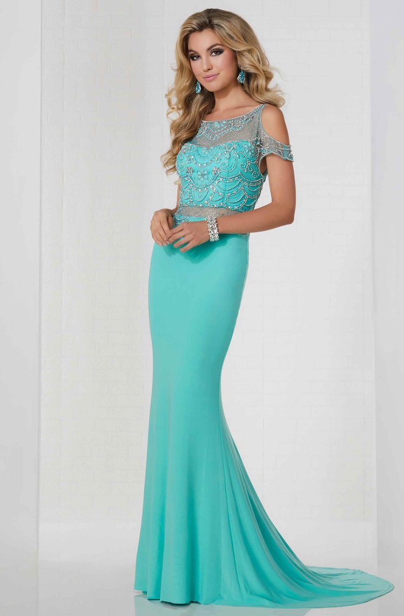 Tiffany Homecoming - 46116 Beaded Cold Shoulder Fitted Evening Gown In Blue and Silver