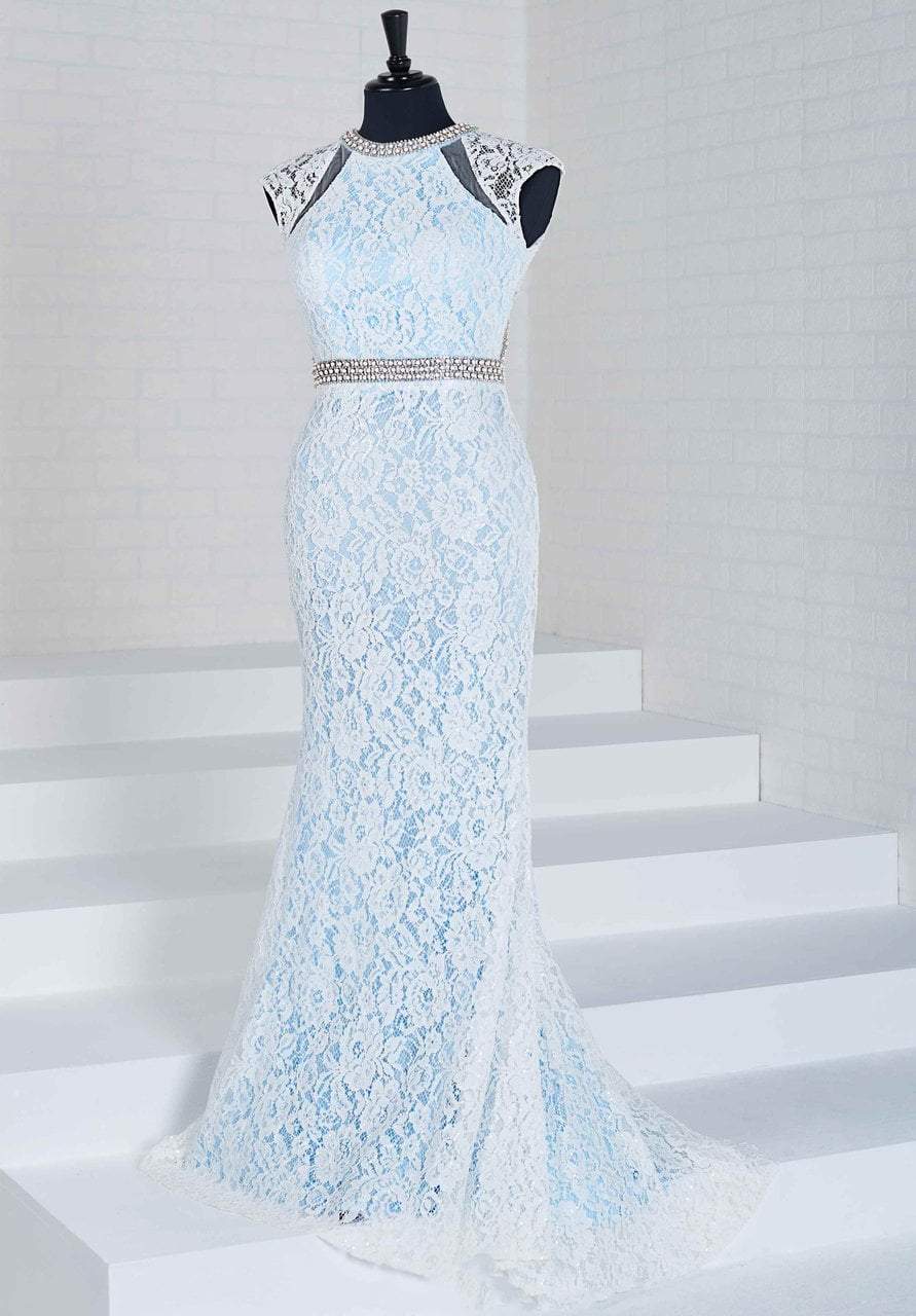 Tiffany Homecoming - 46118 Lavish Lace Jewel Neckline Long Gown In White and Blue