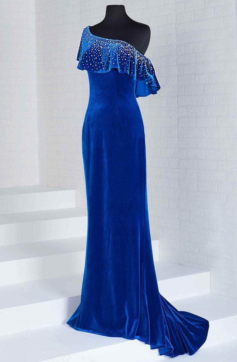 Tiffany Homecoming - 46125 Embellished Asymmetric Velvet Trumpet Dress In Blue