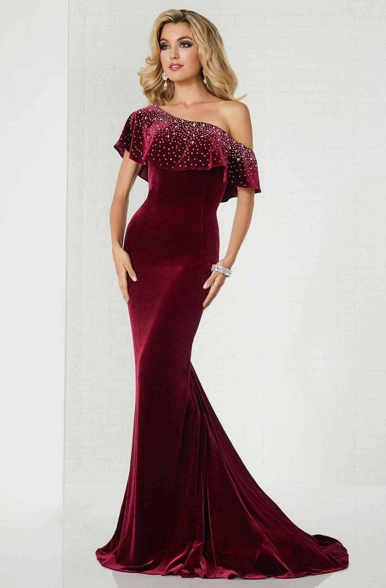 Tiffany Homecoming - 46125 Embellished Asymmetric Velvet Trumpet Dress In Red