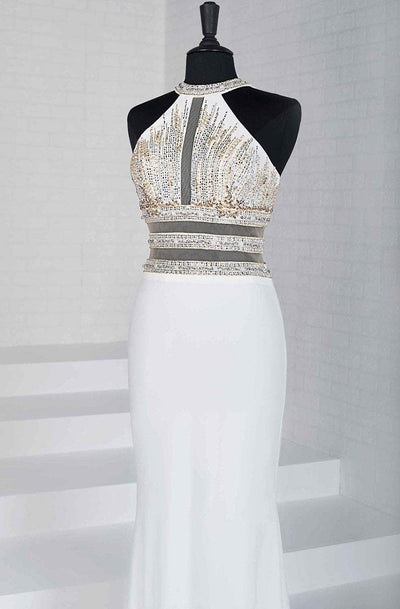 Tiffany Homecoming - 46144 Beaded Halter Jersey Sheath Dress In White