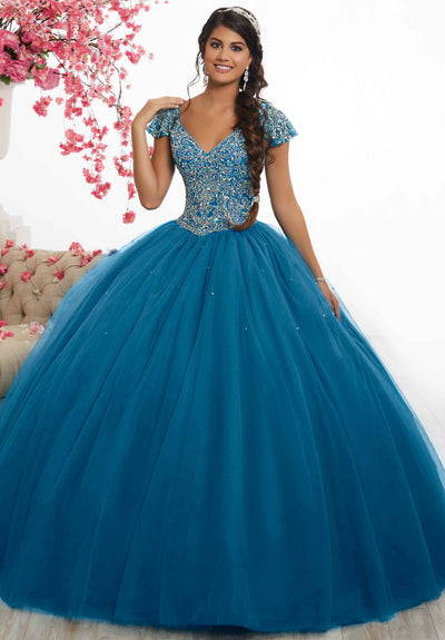 Fiesta Gowns - 56335 Beaded V-neck Tulle Ballgown Special Occasion Dress 0 / Peacock