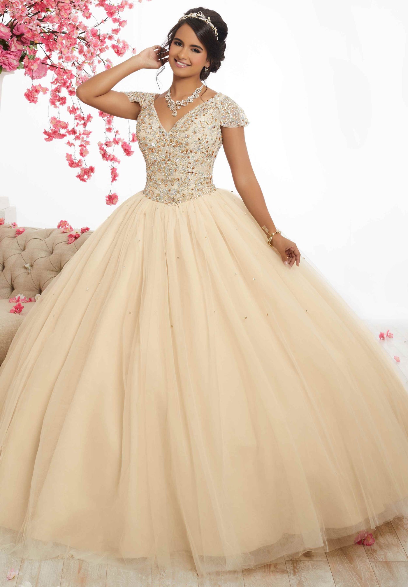 Fiesta Gowns - 56335 Beaded V-neck Tulle Ballgown Special Occasion Dress 0 / Champagne
