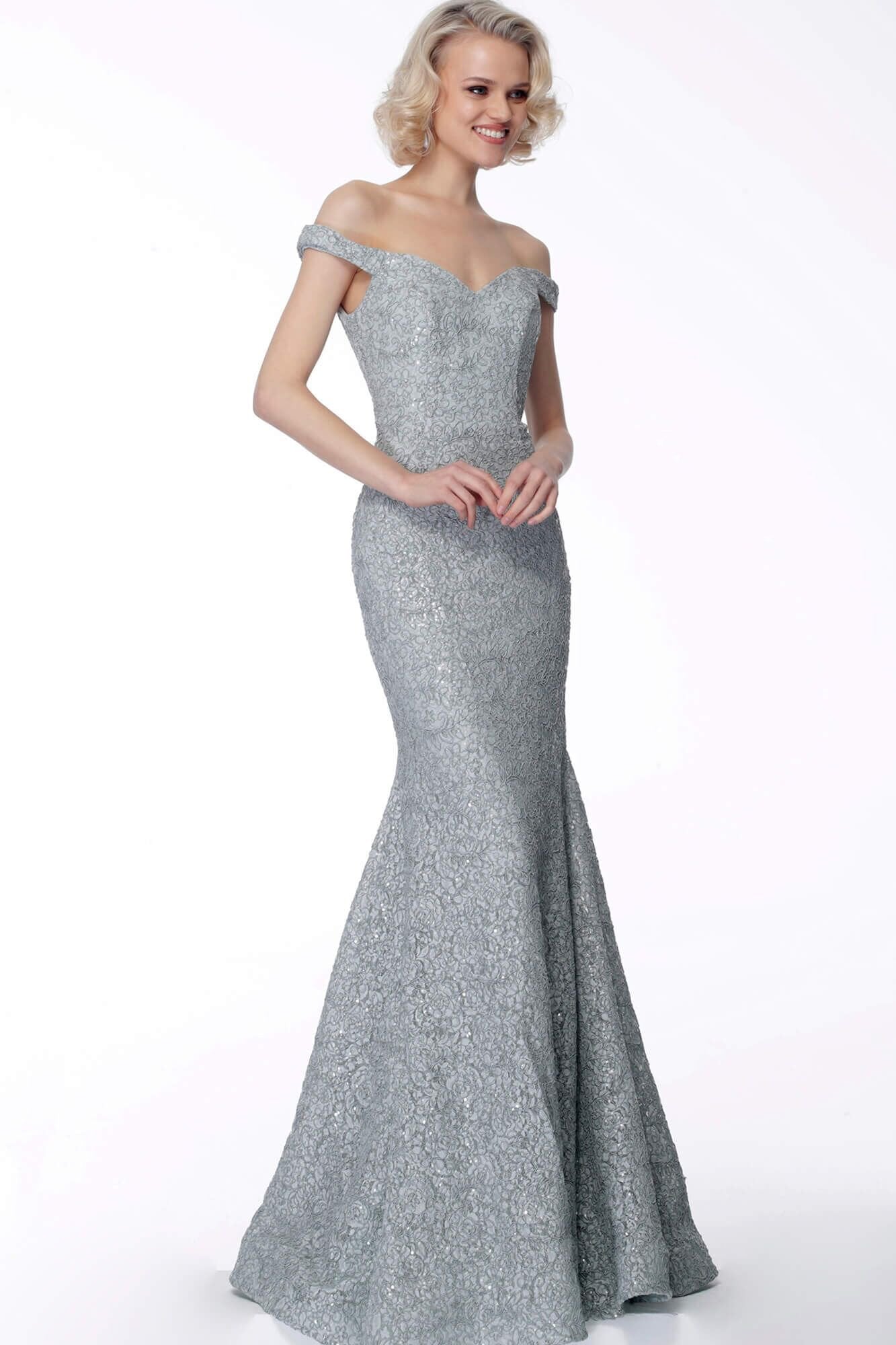 Jovani - 65156 Off-Shoulder Embellished Mermaid Gown In Gray