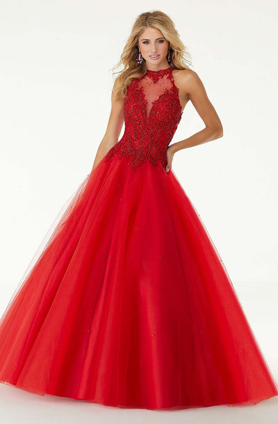 Mori Lee - 45091 Lace Appliqued Halter Long Dress In Red